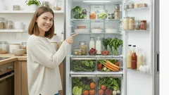 Frau zeigt auf offenen Kühlschrank mit frischem Gemüse, Obst und Getränken in moderner Küche.